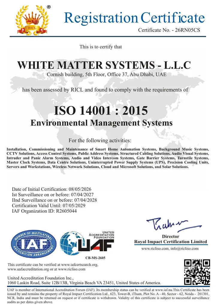 ISO 14001:2015 certificate for White Matter Systems LLC