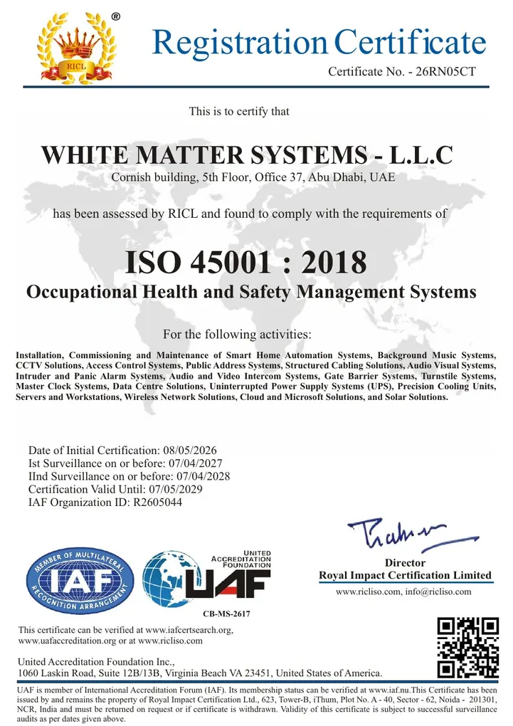 ISO 45001:2018 certificate for White Matter Systems LLC